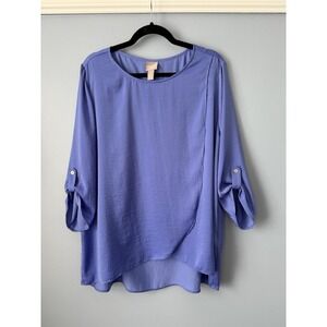 Chico's Blue Top Size 3 (XL/16) Lightweight Silky Draped‎ Roll Tab Sleeve Blouse